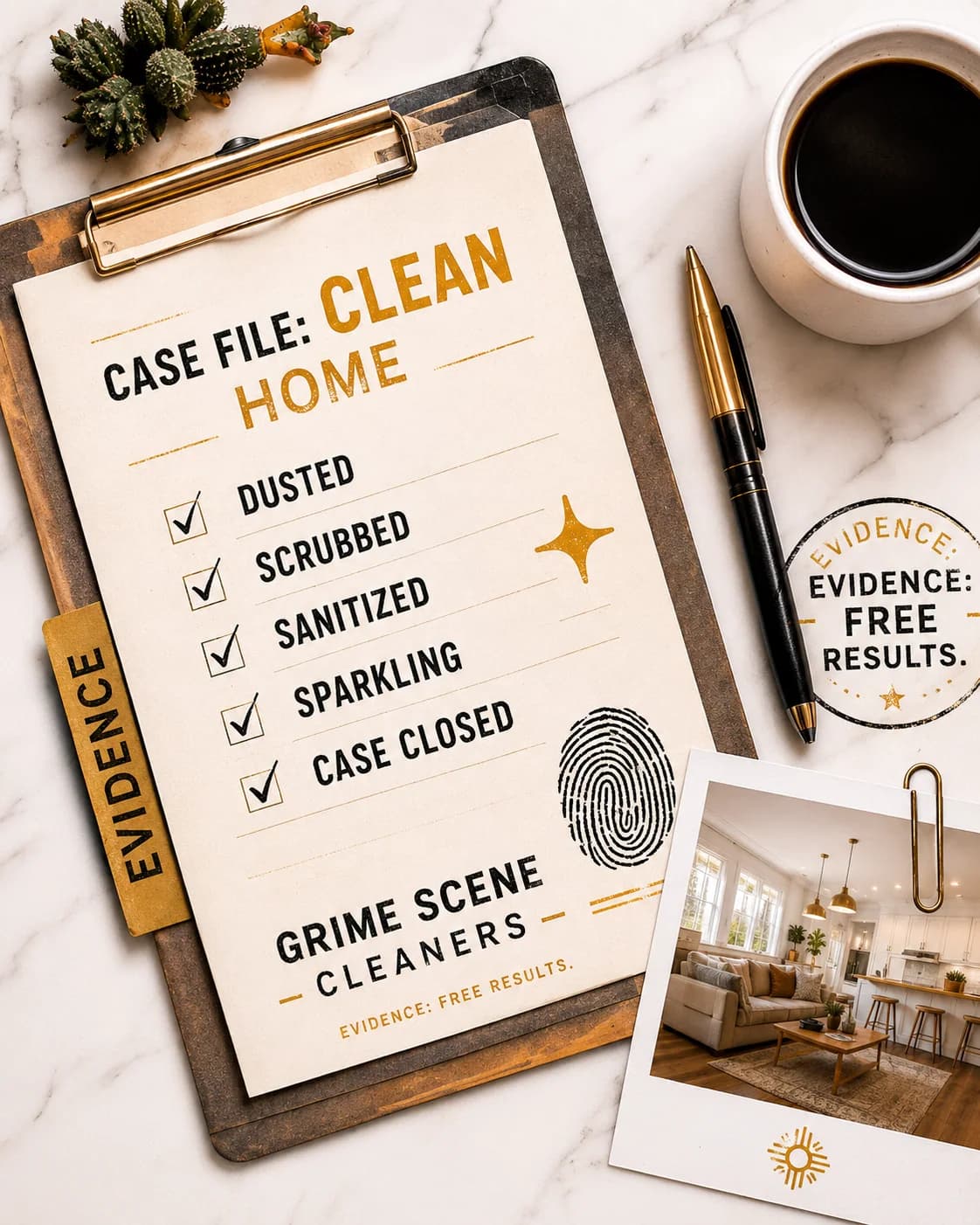 A case file on a clipboard, checklist reading dusted, scrubbed, sanitized, sparkling, case closed