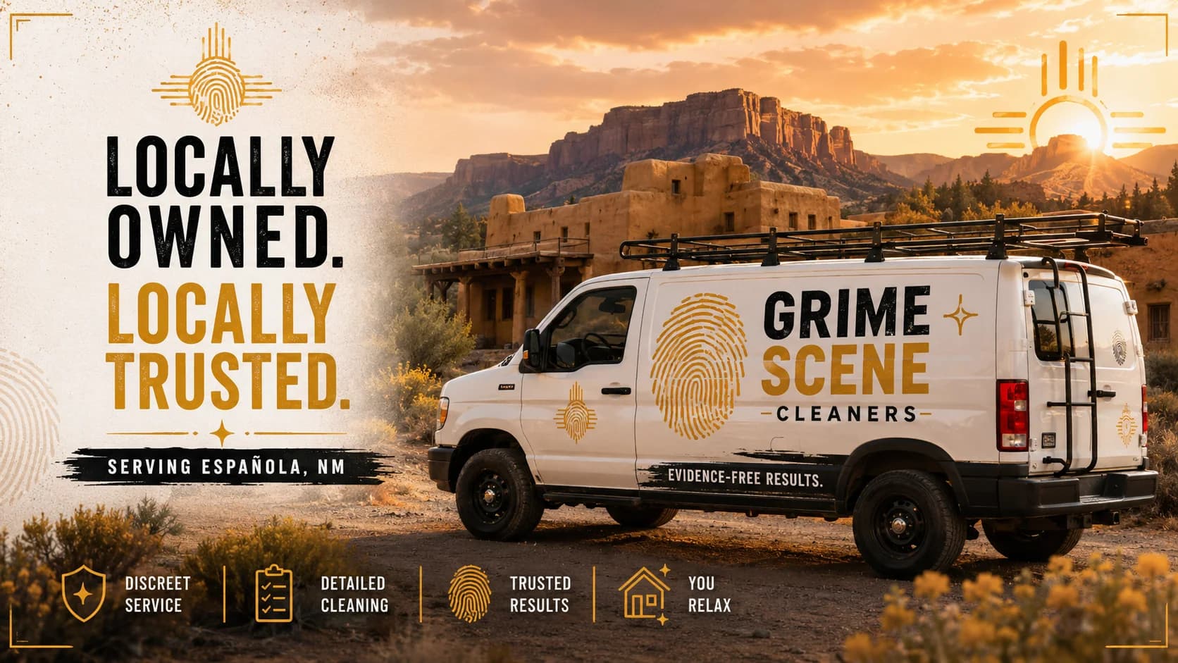 Grime Scene Cleaners van parked outside an adobe home in the high desert near Española, New Mexico